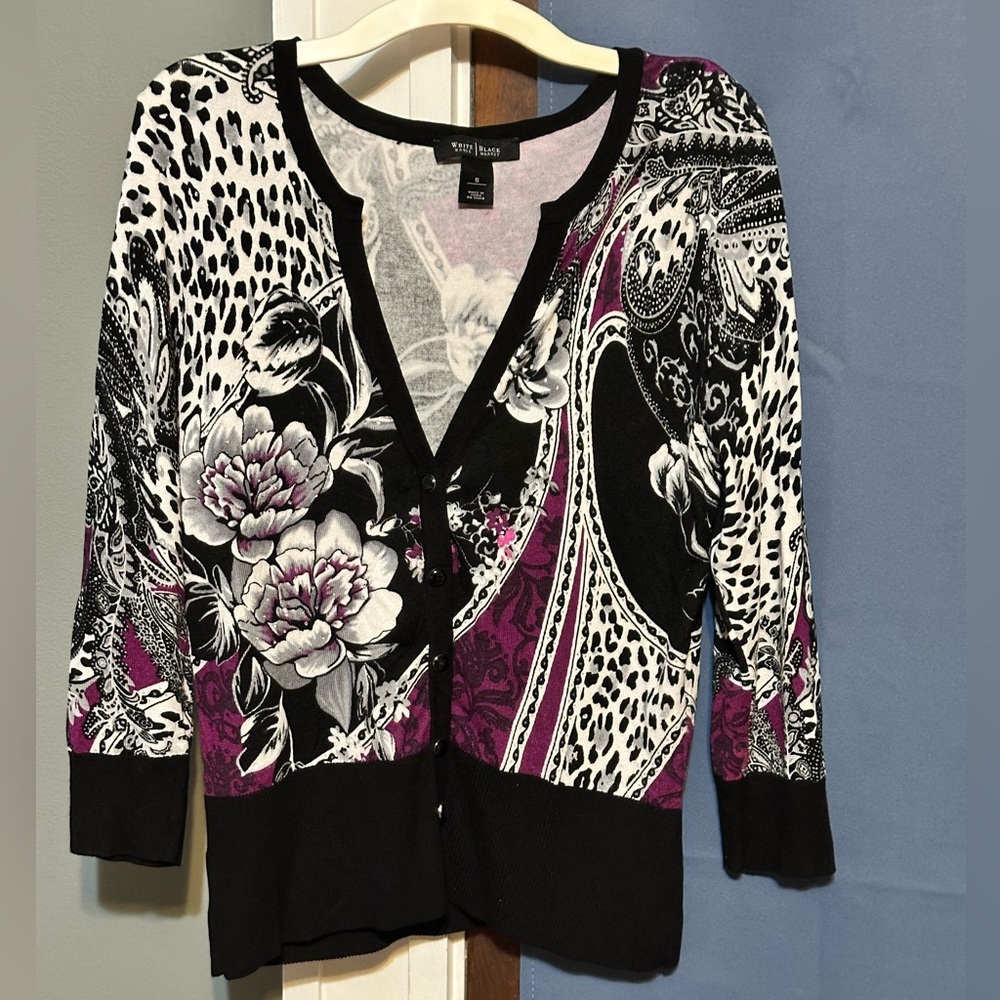 White House Black Market Women’s Floral Cardigan w/Rhinestones-Snap Closure (S)